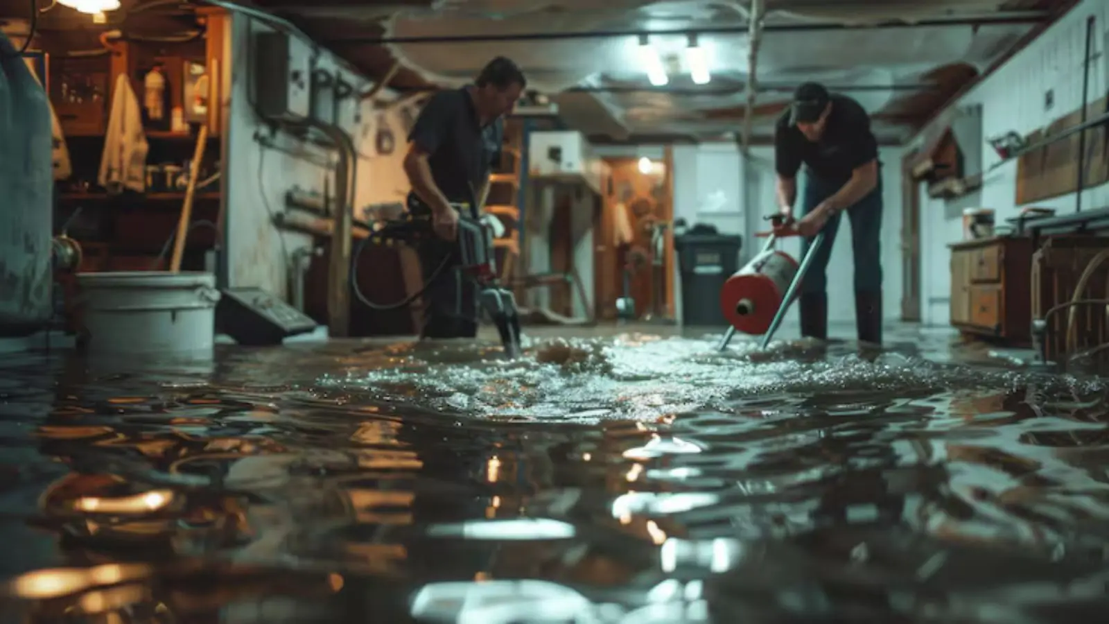 Two technicians pumping standing water out of a flooded basement