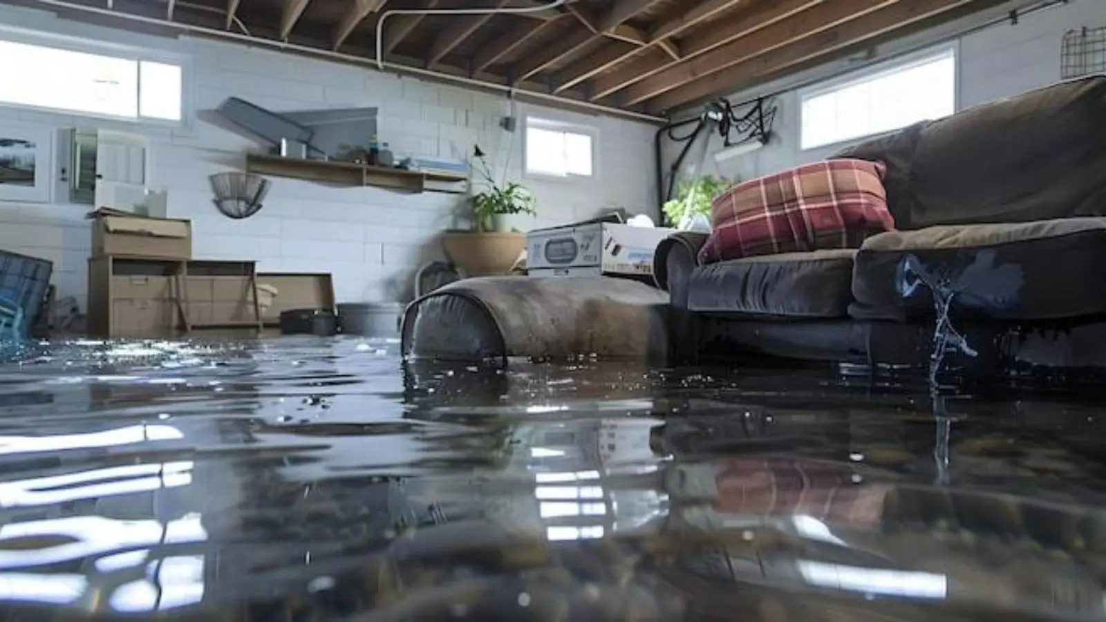 Flooded basement with standing water covering the floor and a sofa