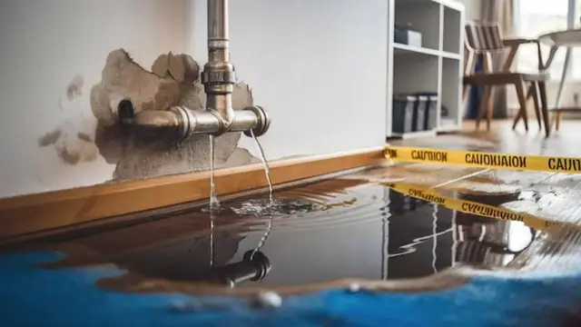 Leaking exposed pipe on a wall with water pooling on the floor beside caution tape