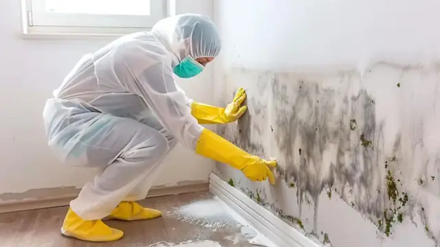 Worker in a protective suit wiping mold off a wall