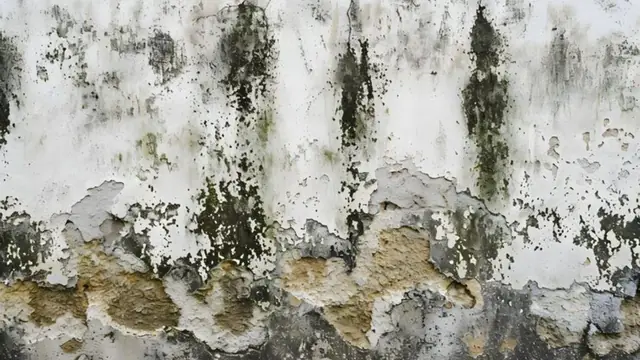 Patches of green and black mold on a peeling white wall